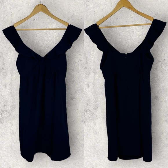 Sezane Olymea‎ Dress Navy Blue Size 36 French / US 4 V-Neck Ruffle Minimalist - Picture 2 of 14